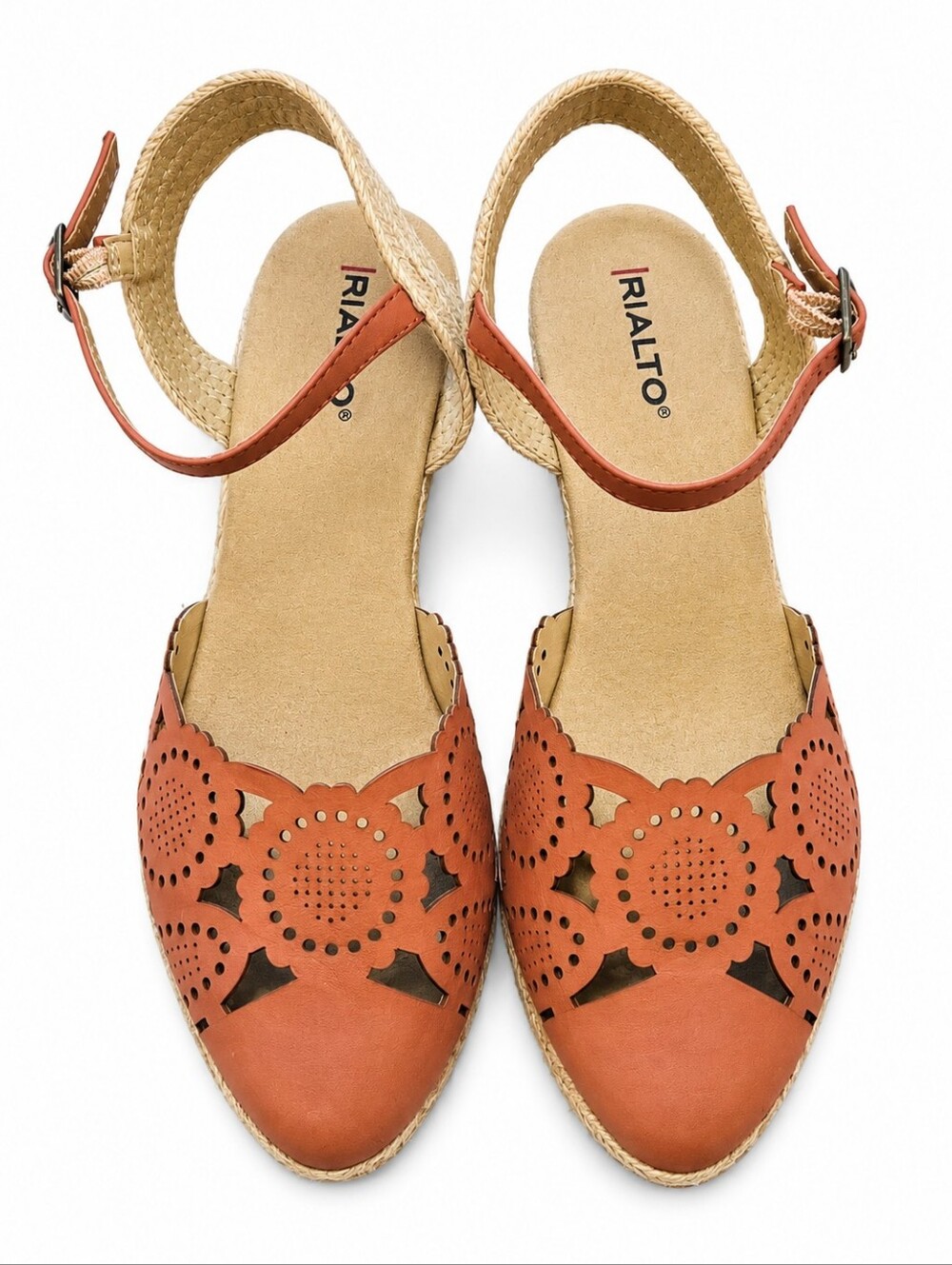 Rialto Women's Peach Colored Perforated Ankle-Strap Espadrille Wedges